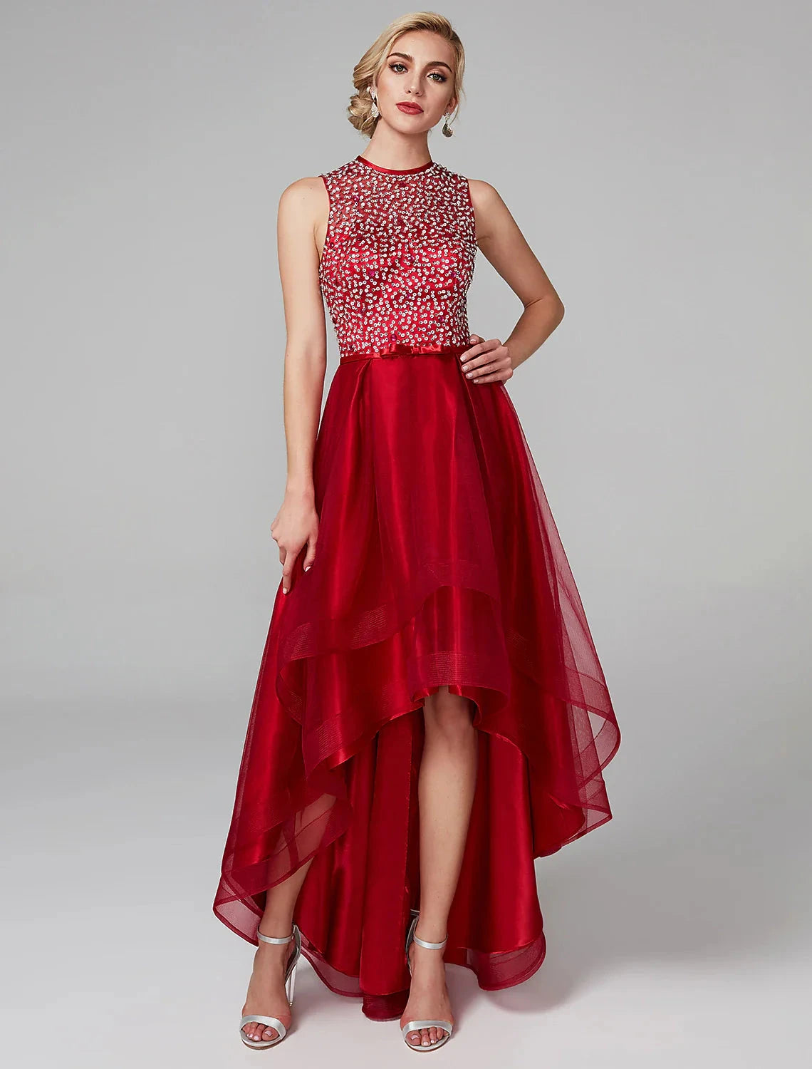 A-Line Sparkle & Shine Dress Wedding Guest Cocktail Party Asymmetrical Sleeveless Jewel Neck Satin with Bow(s) Sequin by YiHuiw