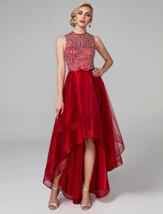 A-Line Sparkle & Shine Dress Wedding Guest Cocktail Party Asymmetrical Sleeveless Jewel Neck Satin with Bow(s) Sequin by YiHuiw