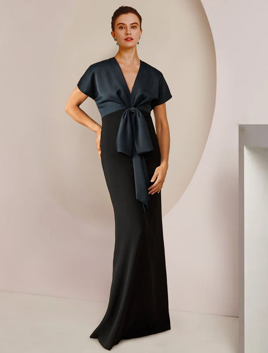 Sheath / Column Mother of the Bride Dress Formal Wedding Guest Party Elegant Jewel Neck Floor Length Satin Short Sleeve with Bow(s) Color Block by YiHuiw