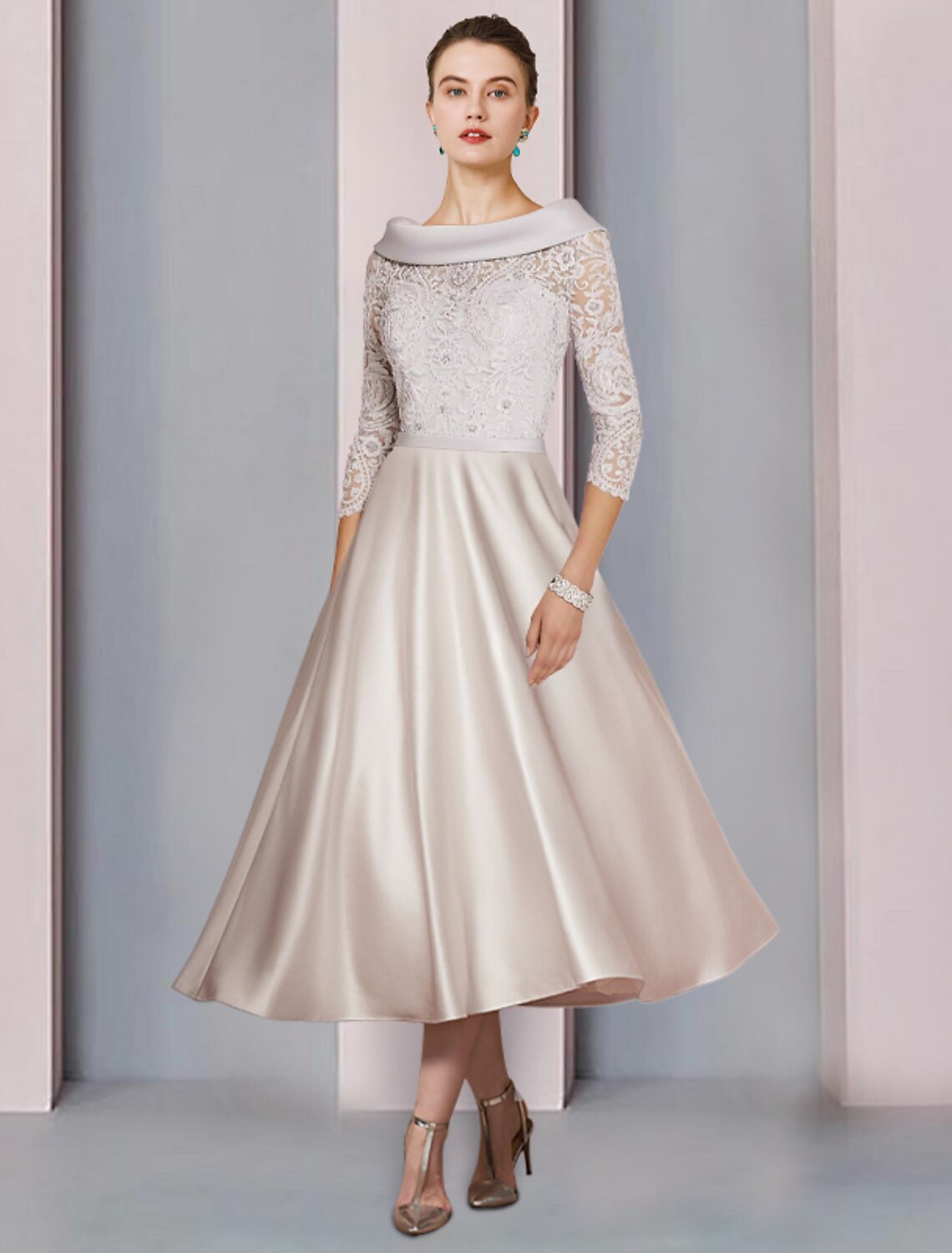 A-Line Mother of the Bride Dress Formal Church Party Elegant Cowl Neck Tea Length Satin Lace 3/4 Length Sleeve with Beading Appliques by YiHuiw