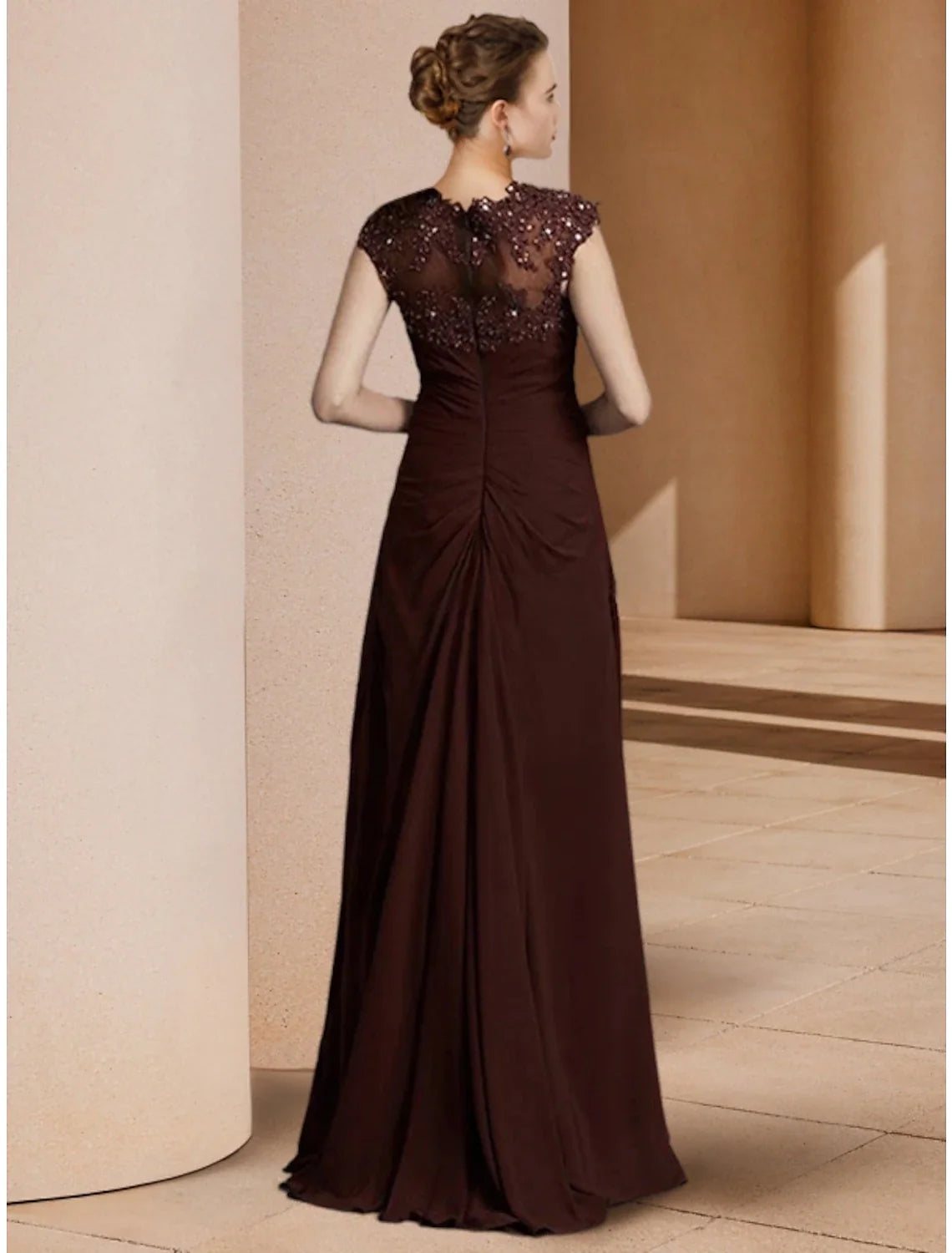 Sheath / Column Mother of the Bride Dress Wedding Guest Elegant Scoop Neck Floor Length  Chiffon Long Sleeve with Sequin Ruching