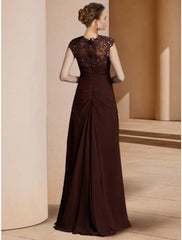 Sheath / Column Mother of the Bride Dress Wedding Guest Elegant Scoop Neck Floor Length  Chiffon Long Sleeve with Sequin Ruching