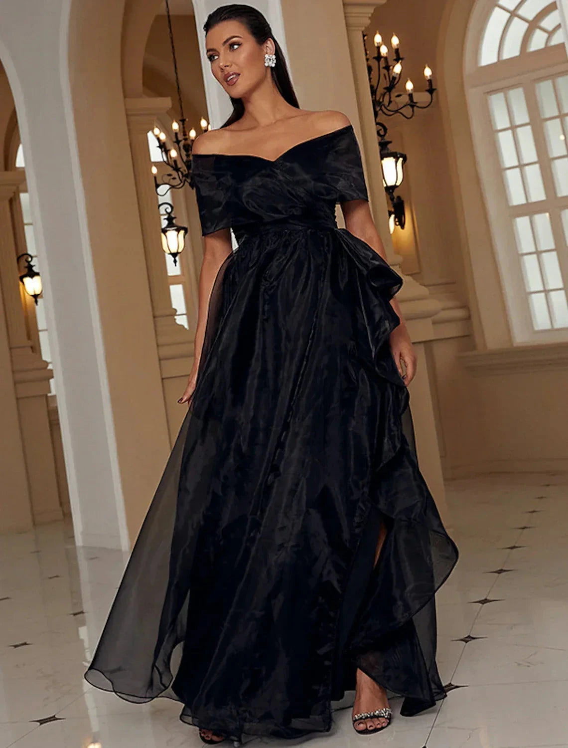 A-Line Evening Gown Sexy Dress Formal Floor Length Short Sleeve Off Shoulder Wednesday Addams Family Polyester with Ruffles Slit by YiHuiw