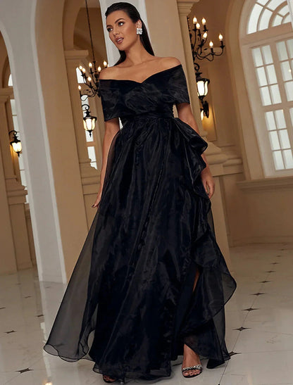 A-Line Evening Gown Sexy Dress Formal Floor Length Short Sleeve Off Shoulder Wednesday Addams Family Polyester with Ruffles Slit by YiHuiw