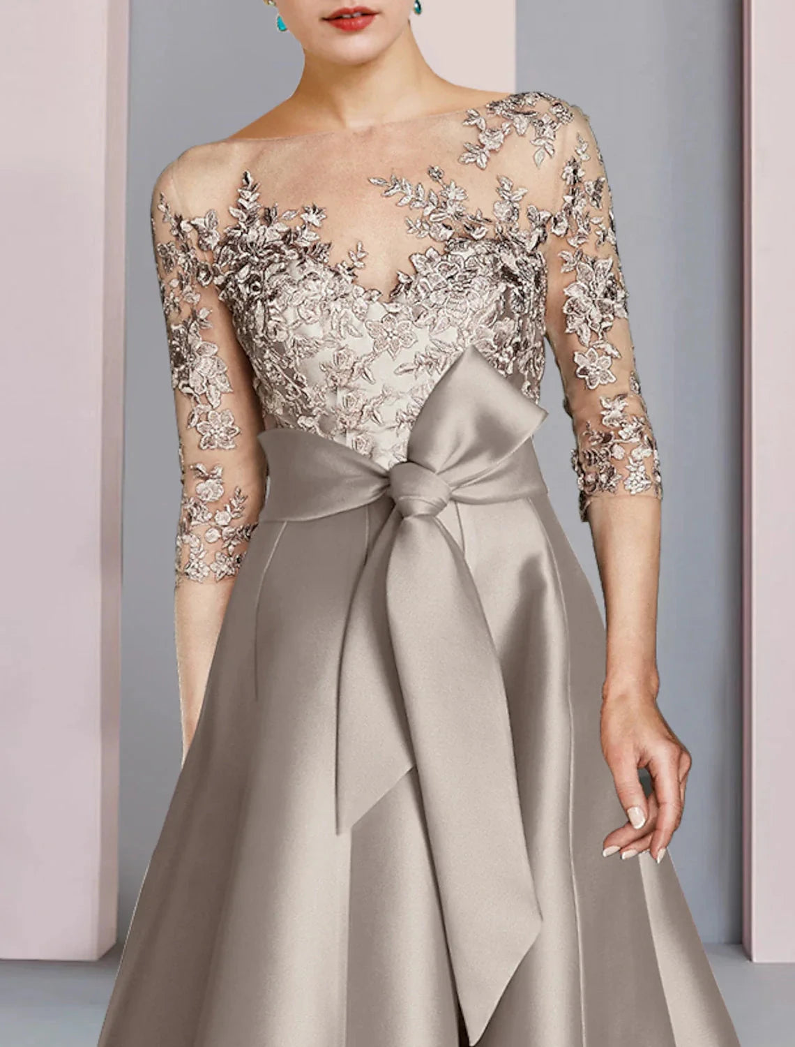 A-Line Mother of the Bride Dress Wedding Guest Party Elegant Scoop Neck Tea Length Satin Lace Half Sleeve with Bow(s) Appliques by YiHuiw
