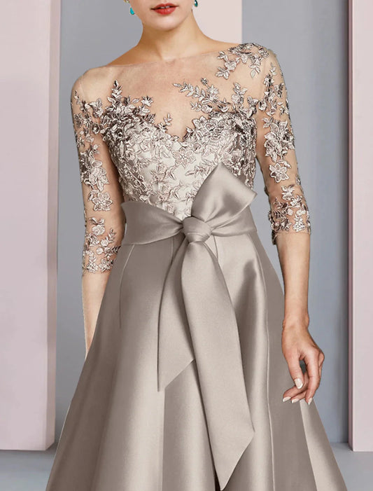 A-Line Mother of the Bride Dress Wedding Guest Party Elegant Scoop Neck Tea Length Satin Lace Half Sleeve with Bow(s) Appliques by YiHuiw