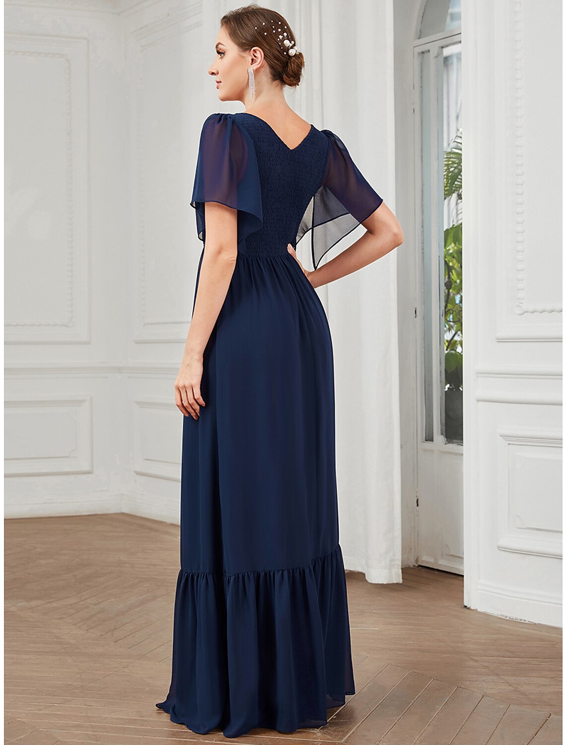 A-Line Prom Dresses Elegant Dress Party Wear Floor Length Short Sleeve V Neck Chiffon with Pleats by YiHuiw