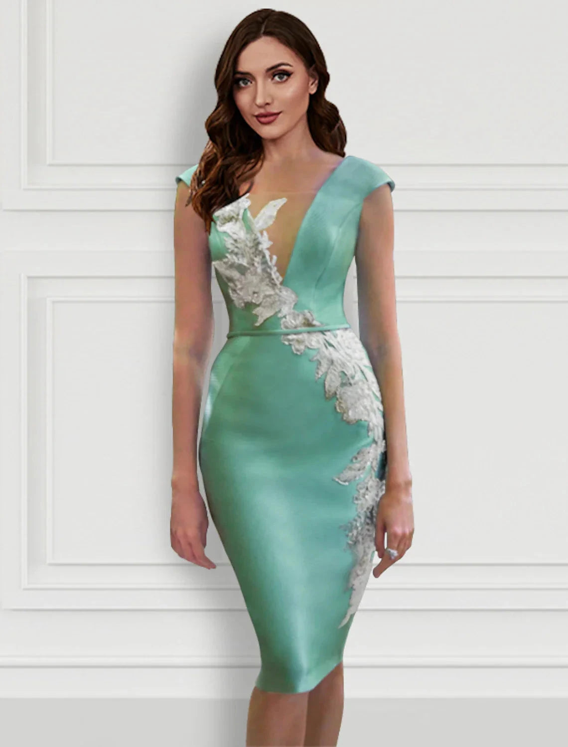 Two Piece Cocktail Dresses Floral Dress Formal Knee Length Long Sleeve V Neck Belt / Sash Satin with Appliques by YiHuiw
