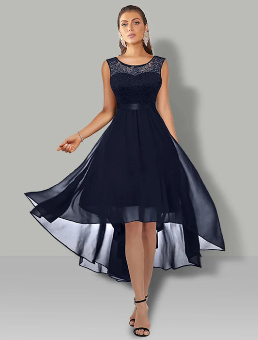 A-Line Cocktail Dresses Vintage Dress Party Wear Wedding Guest Asymmetrical Sleeveless Jewel Neck Chiffon with Pleats Lace Insert Pure Color by YiHuiw
