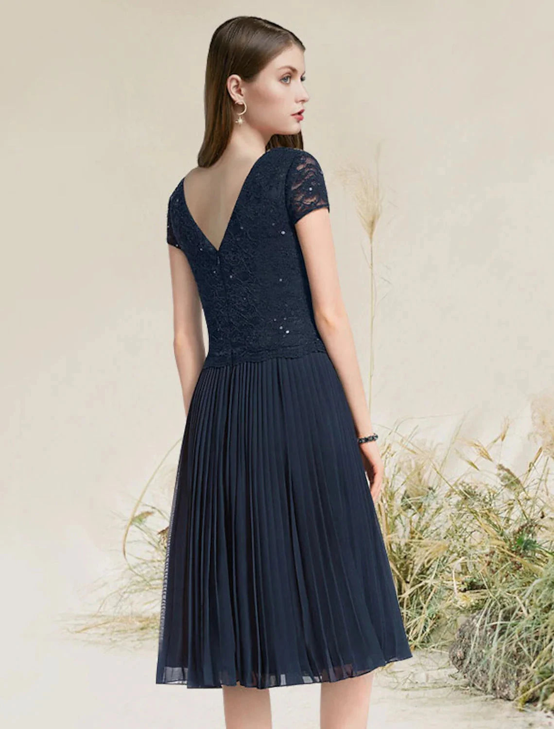 A-Line Cocktail Dresses Flirty Dress Homecoming Wedding Guest Tea Length Short Sleeve Jewel Neck Chiffon with Pleats by YiHuiw