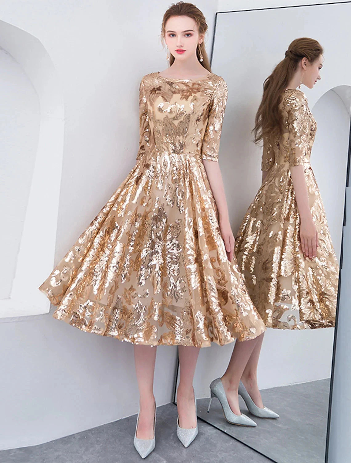 A-Line Cocktail Dresses Party Dress Holiday Wedding Guest Tea Length Half Sleeve Jewel Neck Sequined with by YiHuiw