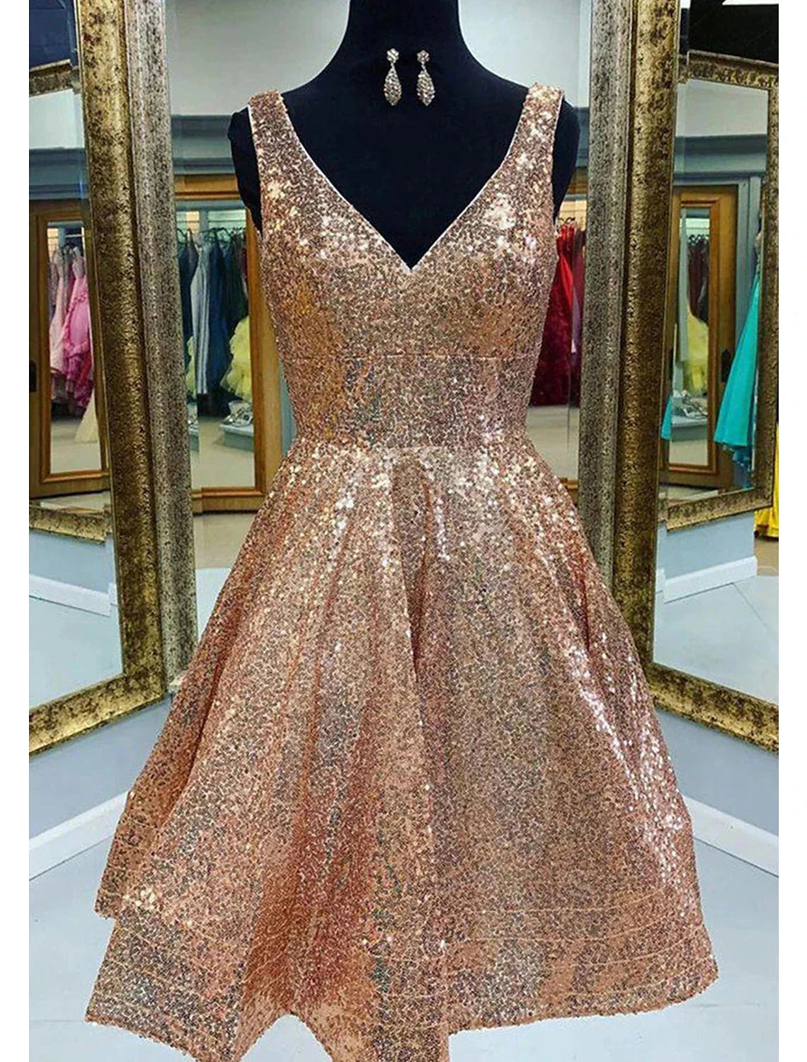 A-Line Homecoming Dresses Sparkle & Shine Dress Graduation Party Wear Tea Length Sleeveless V Neck Pink Dress Sequined with Sequin by YiHuiw
