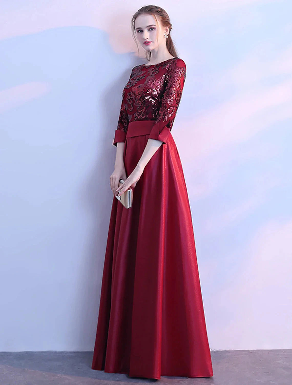 A-Line Bridesmaid Dress Jewel Neck Long Sleeve Beautiful Back Floor Length Satin / Tulle / Sequined with Sash / Ribbon / Pleats by YiHuiw