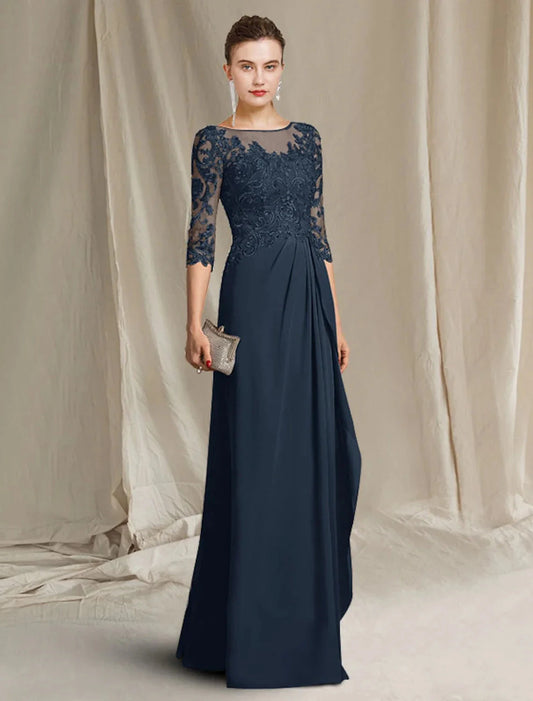 Sheath / Column Mother of the Bride Dress Plus Size Elegant Jewel Neck Floor Length Chiffon Lace 3/4 Length Sleeve with Pleats Ruffles Appliques by YiHuiw