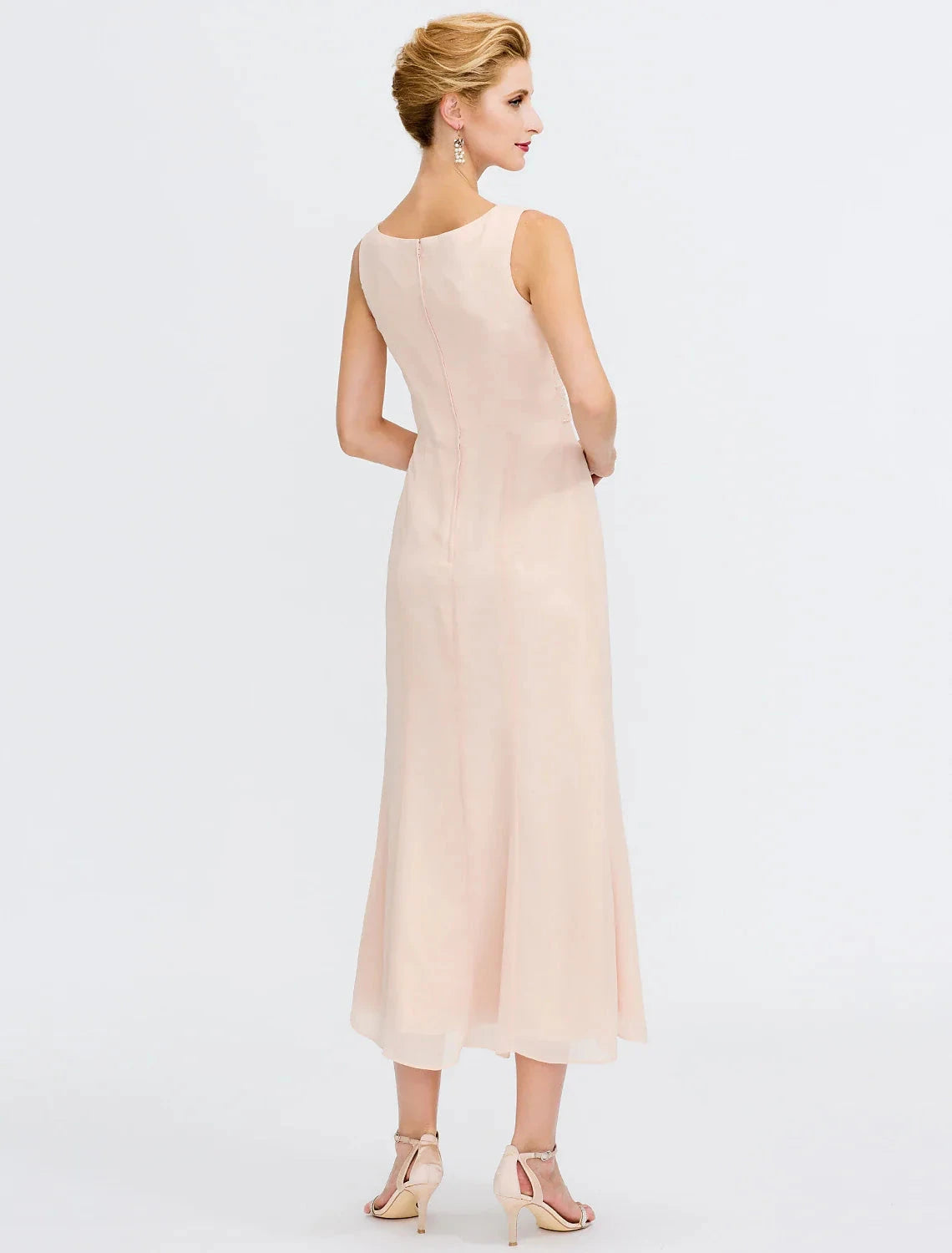 Two Piece Sheath / Column Mother of the Bride Dress Wedding Guest Plus Size Elegant with Jacket Long Sleeve Scoop Neck Tea Length Chiffon Sash / Ribbon Pleats Beading by YiHuiw