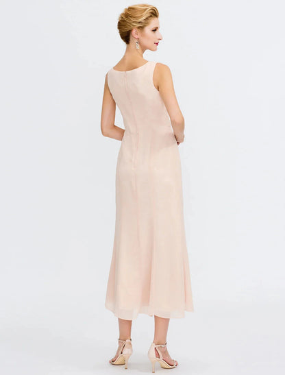 Two Piece Sheath / Column Mother of the Bride Dress Wedding Guest Plus Size Elegant with Jacket Long Sleeve Scoop Neck Tea Length Chiffon Sash / Ribbon Pleats Beading by YiHuiw