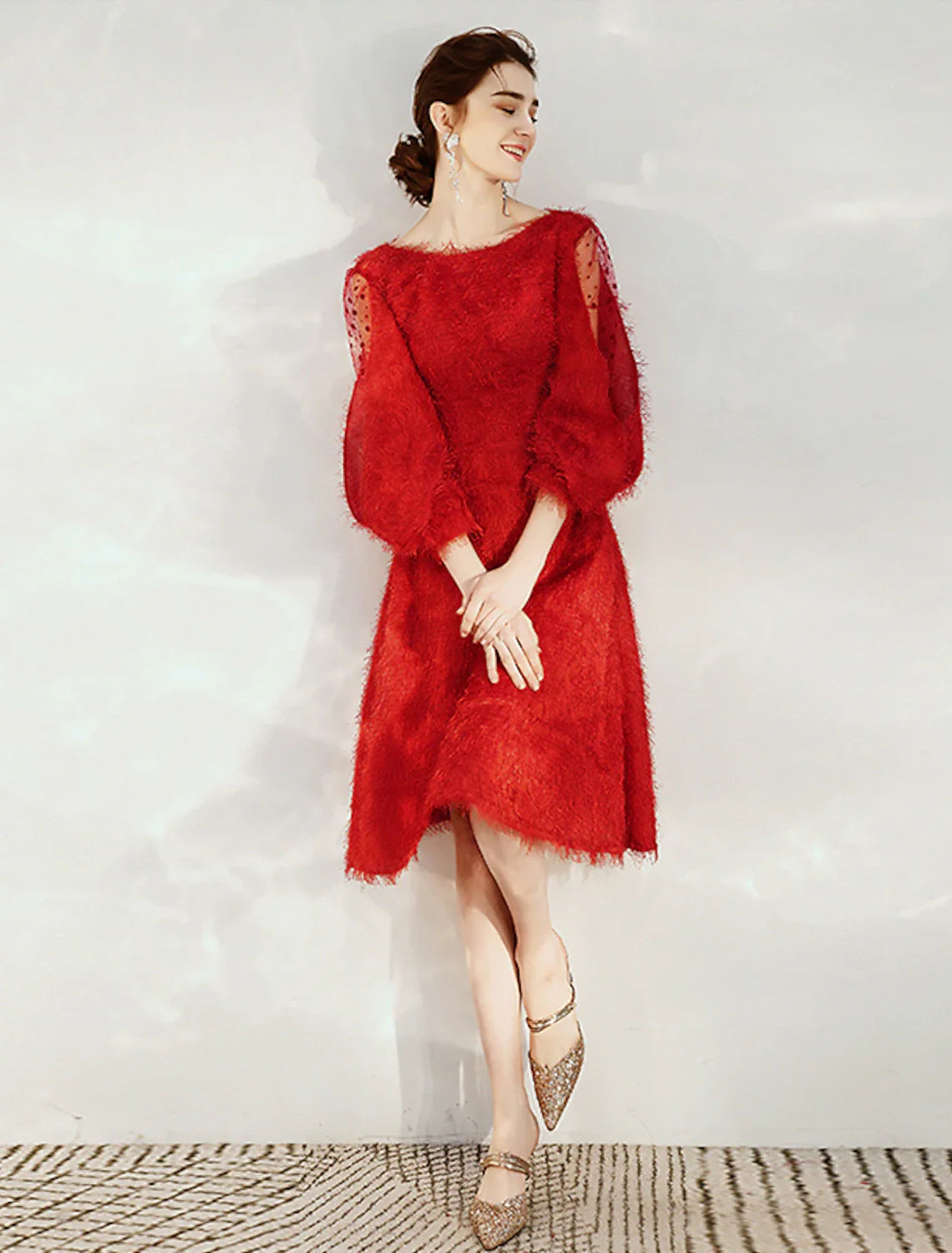 A-Line Cocktail Dresses Princess Dress Cocktail Party Valentine's Day Tea Length 3/4 Length Sleeve Jewel Neck Nylon with Sash / Ribbon Pure Color