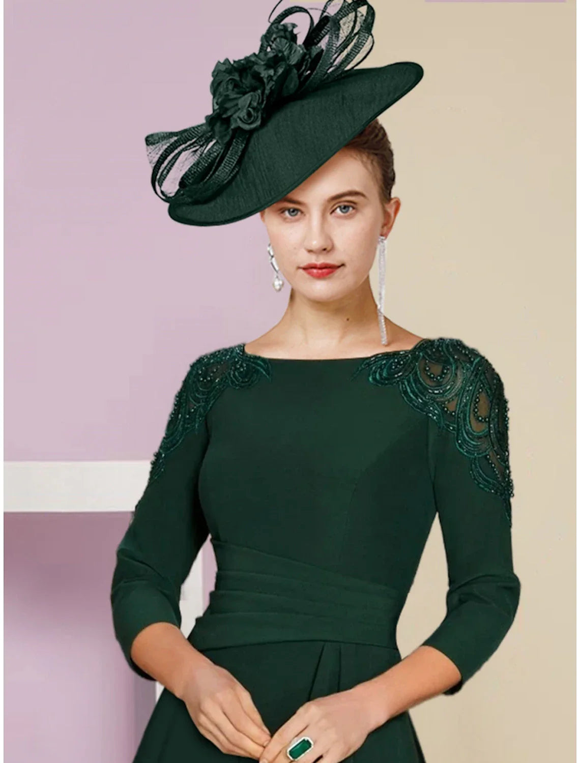 A-Line Mother of the Bride Dress Wedding Guest Elegant Scoop Neck Asymmetrical  Chiffon 3/4 Length Sleeve with Sequin Ruching Solid Color