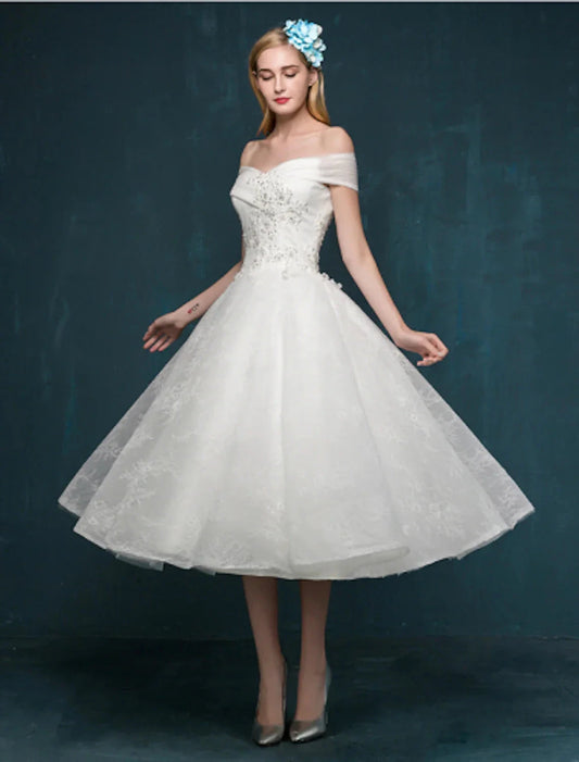 Reception Little White Dresses Wedding Dresses A-Line Off Shoulder Cap Sleeve Tea Length Lace Bridal Gowns With Beading Sequin Summer Wedding Party Women's Clothing by YiHuiw