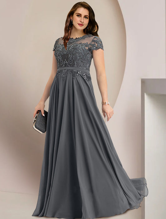 Mother of the Bride Dresses Plus Size Curve Hide Belly Wedding Guest Party Elegant Jewel Neck Floor Length Chiffon Lace Short Sleeve with Pleats Sequin by YiHuiw