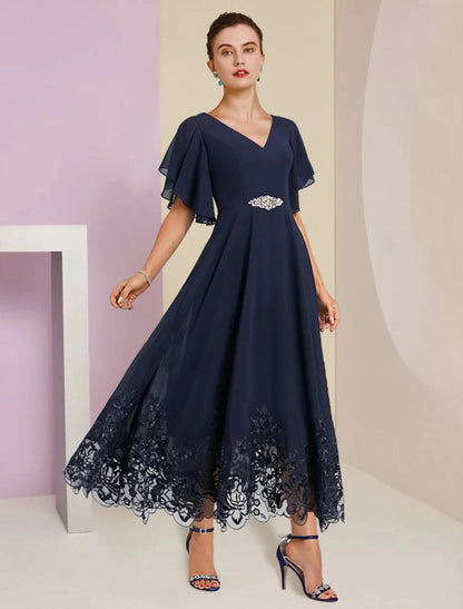 A-Line Mother of the Bride Dress Formal Fall Wedding Guest Elegant V Neck Tea Length Chiffon Lace Short Sleeve with Appliques Crystal Brooch by YiHuiw