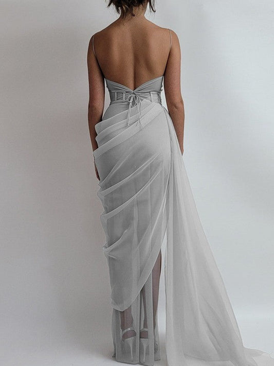 Sheath/Column Organza Ruched Spaghetti Straps Sleeveless Sweep/Brush Train Dresses by YiHuiw