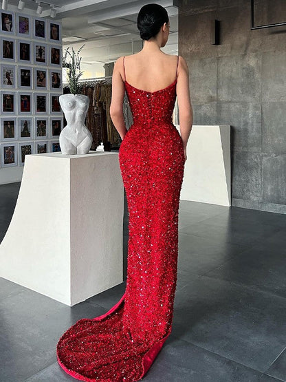 Sheath/Column Ruched V-neck Sleeveless Sweep/Brush Train Dresses by YiHuiw