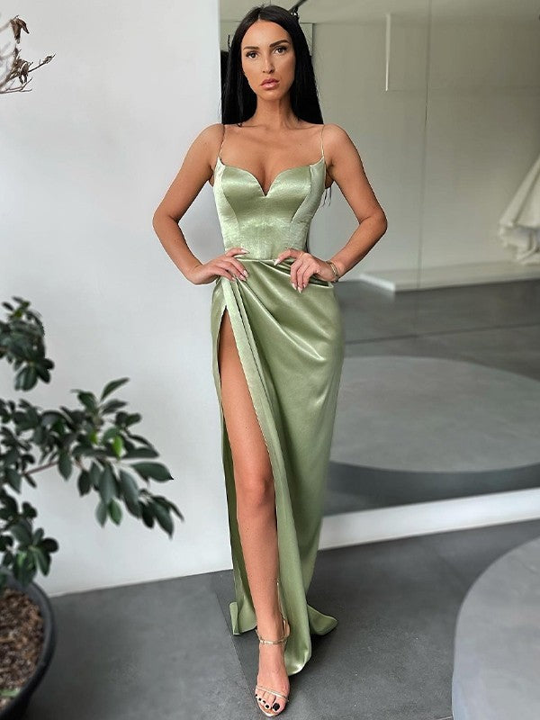 Sheath/Column Woven Satin Ruched V-neck Sleeveless Sweep/Brush Train Dresses by YiHuiw