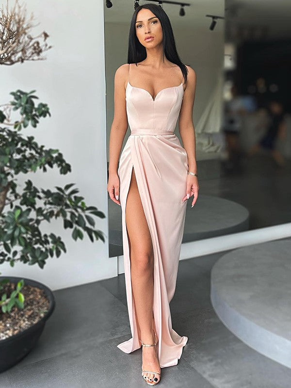 Sheath/Column Woven Satin Ruched V-neck Sleeveless Sweep/Brush Train Dresses by YiHuiw
