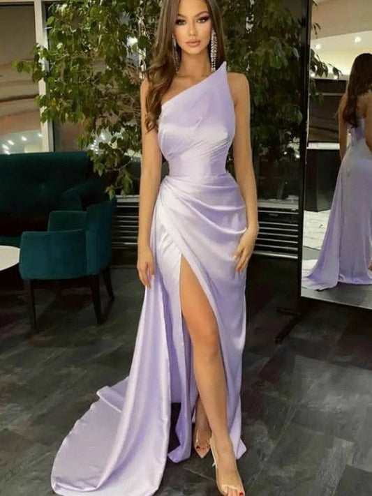 Sheath/Column Silk like Satin Ruched Strapless Sleeveless Sweep/Brush Train Dresses by YiHuiw