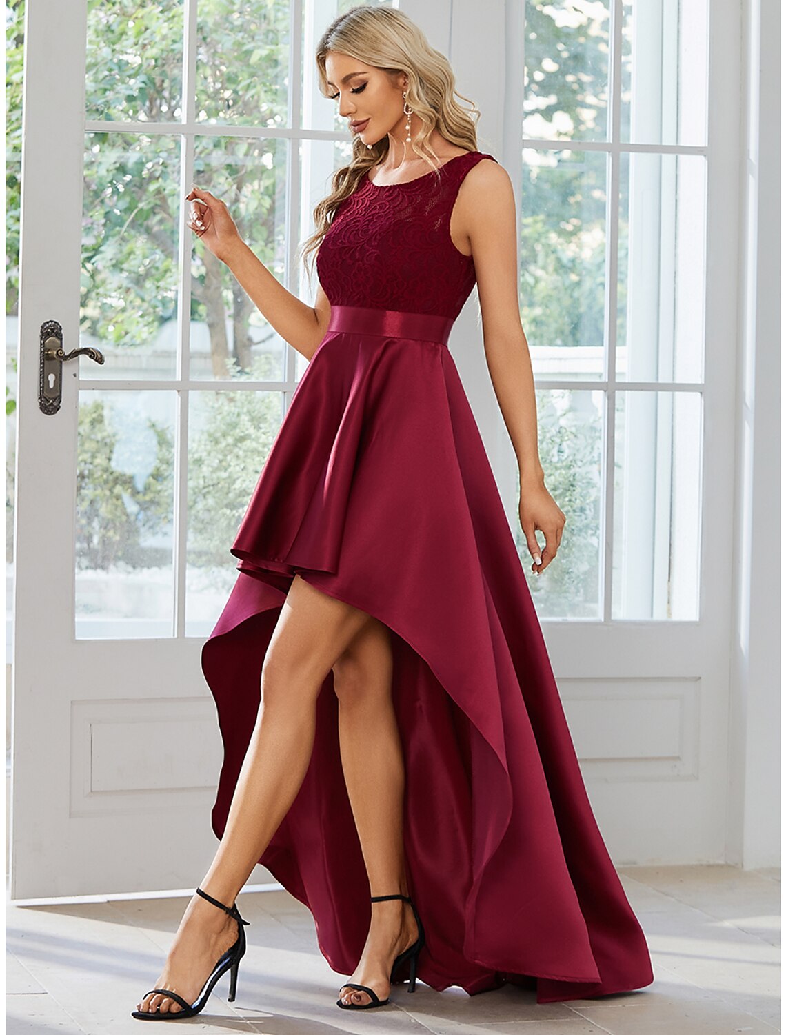 A-Line Wedding Guest Dresses Casual Dress Party Wear Asymmetrical Sleeveless Jewel Neck Satin with Pure Color by YiHuiw