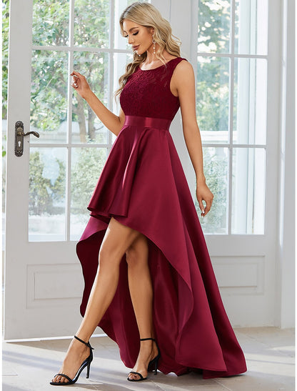A-Line Wedding Guest Dresses Casual Dress Party Wear Asymmetrical Sleeveless Jewel Neck Satin with Pure Color by YiHuiw