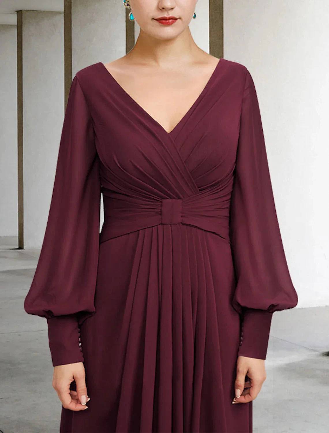 A-Line Mother of the Bride Dress Plus Size Elegant High Low V Neck Asymmetrical Floor Length Chiffon Long Sleeve with Pleats Ruched by YiHuiw