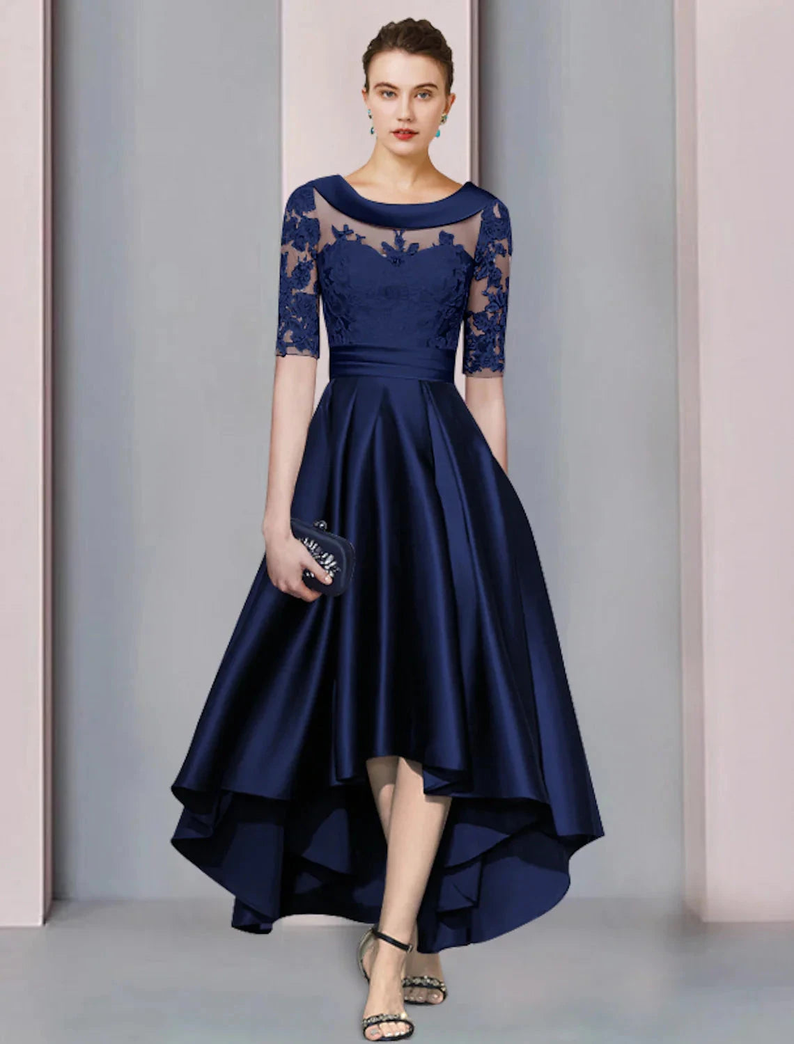 A-Line Mother of the Bride Dress Wedding Guest Elegant High Low Scoop Neck Asymmetrical Tea Length Satin Lace Half Sleeve with Appliques by YiHuiw