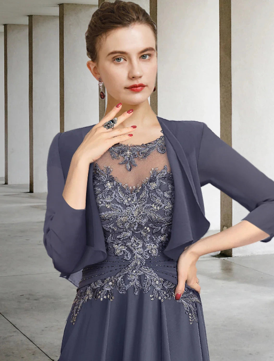 Two Piece A-Line Plus Size Curve Mother of the Bride Dress Wedding Guest Elegant Jewel Neck Ankle Length Chiffon Lace Short Sleeve Fall Wrap Included with Ruched Appliques by YiHuiw