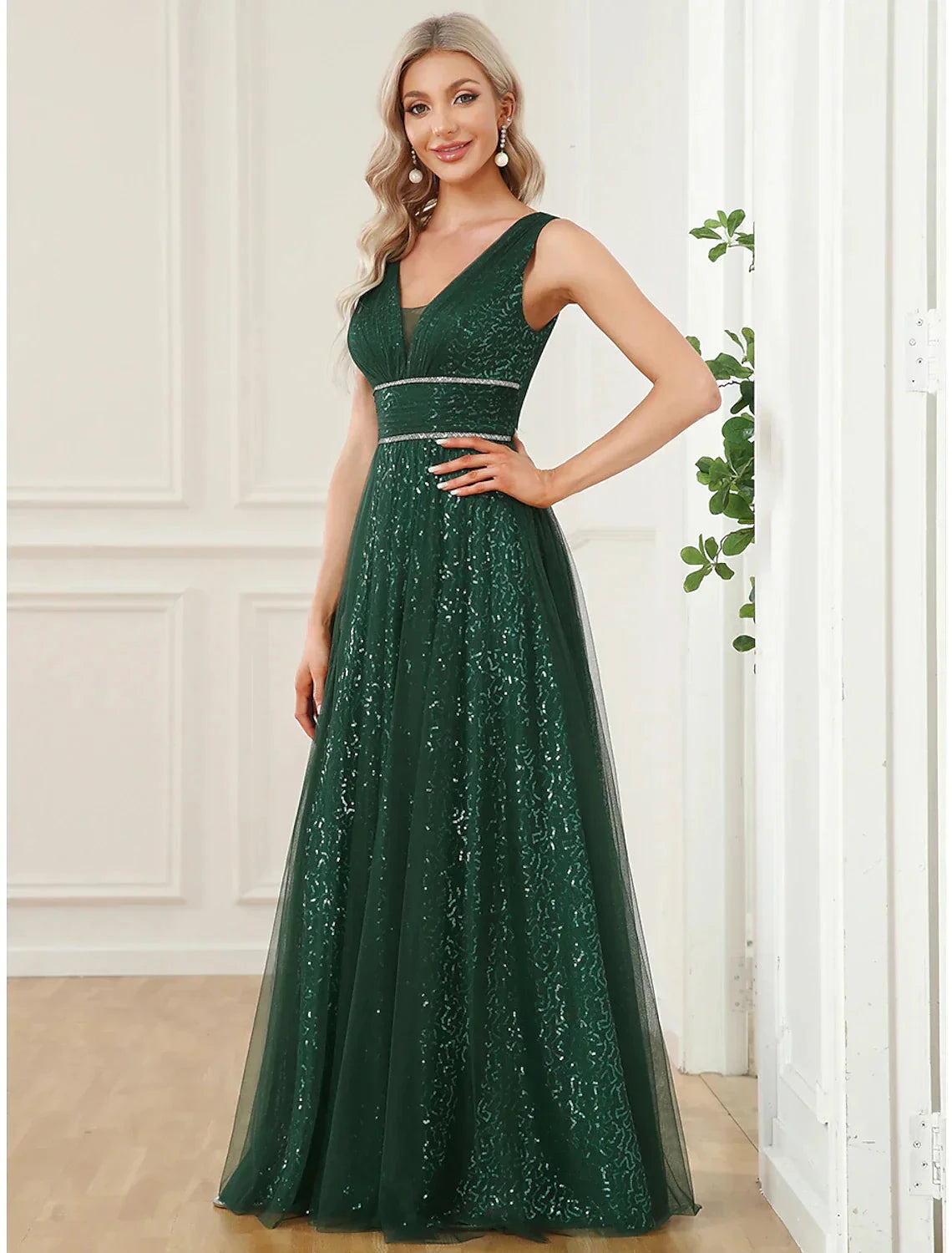 A-Line Prom Dresses Elegant Dress Party Wear Floor Length Sleeveless V Neck Sequined V Back with Sequin by YiHuiw