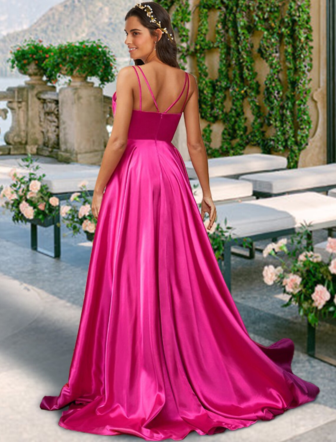 A-Line Bridesmaid Dress V Neck / Spaghetti Strap Sleeveless Sexy Sweep / Brush Train Charmeuse with Pleats / Solid Color by YiHuiw