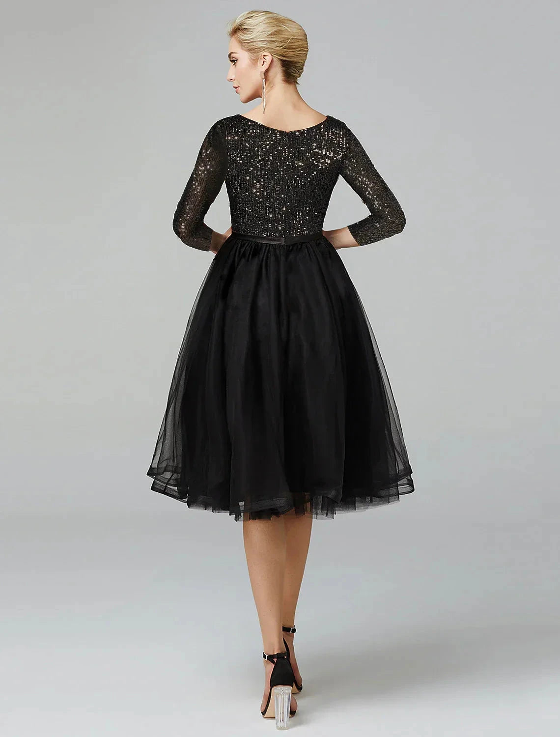 A-Line Cocktail Dresses Sparkle & Shine Dress Formal Tea Length 3/4 Length Sleeve Jewel Neck Fall Wedding Guest Tulle with Sequin Strappy by YiHuiw