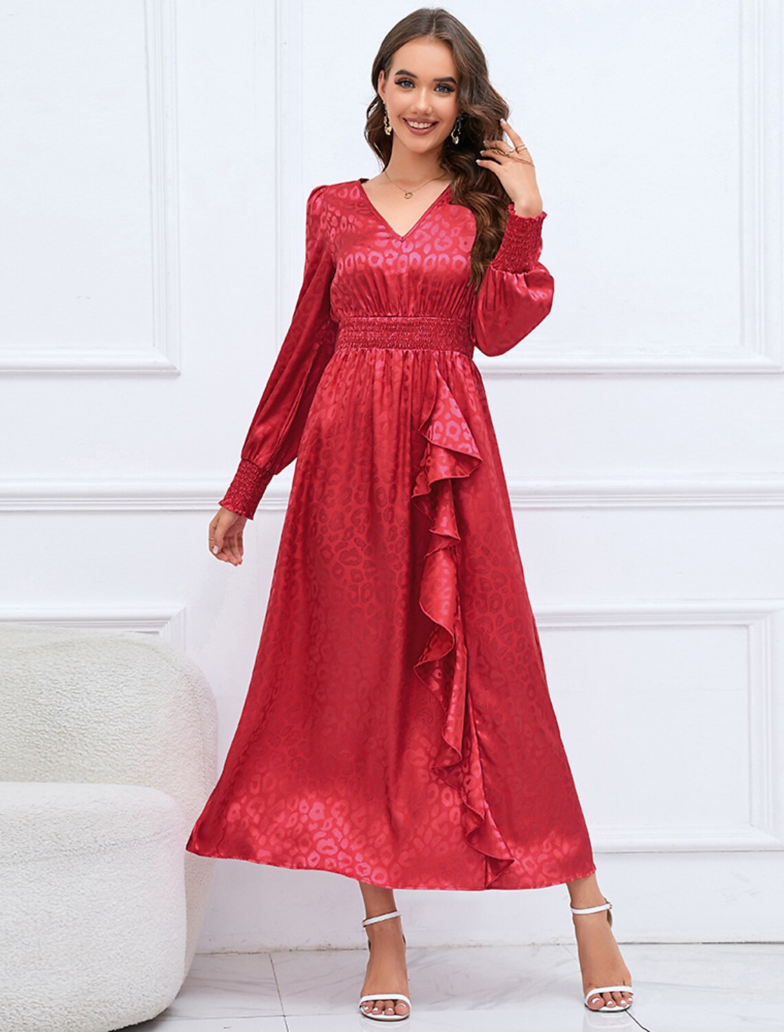 A-Line Party Dresses Elegant Dress Formal Fall Ankle Length Long Sleeve V Neck Satin with Ruffles Print by YiHuiw