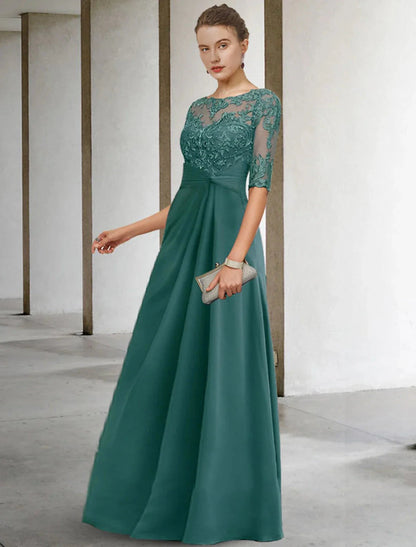 Sheath / Column Mother of the Bride Dress Fall Wedding Guest Dresses Plus Size Elegant Jewel Neck Floor Length Chiffon Lace Short Sleeve with Appliques Side-Draped by YiHuiw