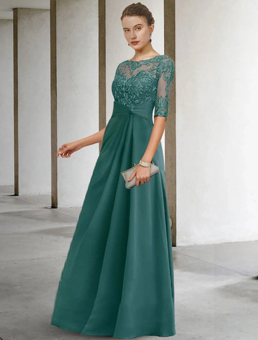 Sheath / Column Mother of the Bride Dress Fall Wedding Guest Dresses Plus Size Elegant Jewel Neck Floor Length Chiffon Lace Short Sleeve with Appliques Side-Draped by YiHuiw