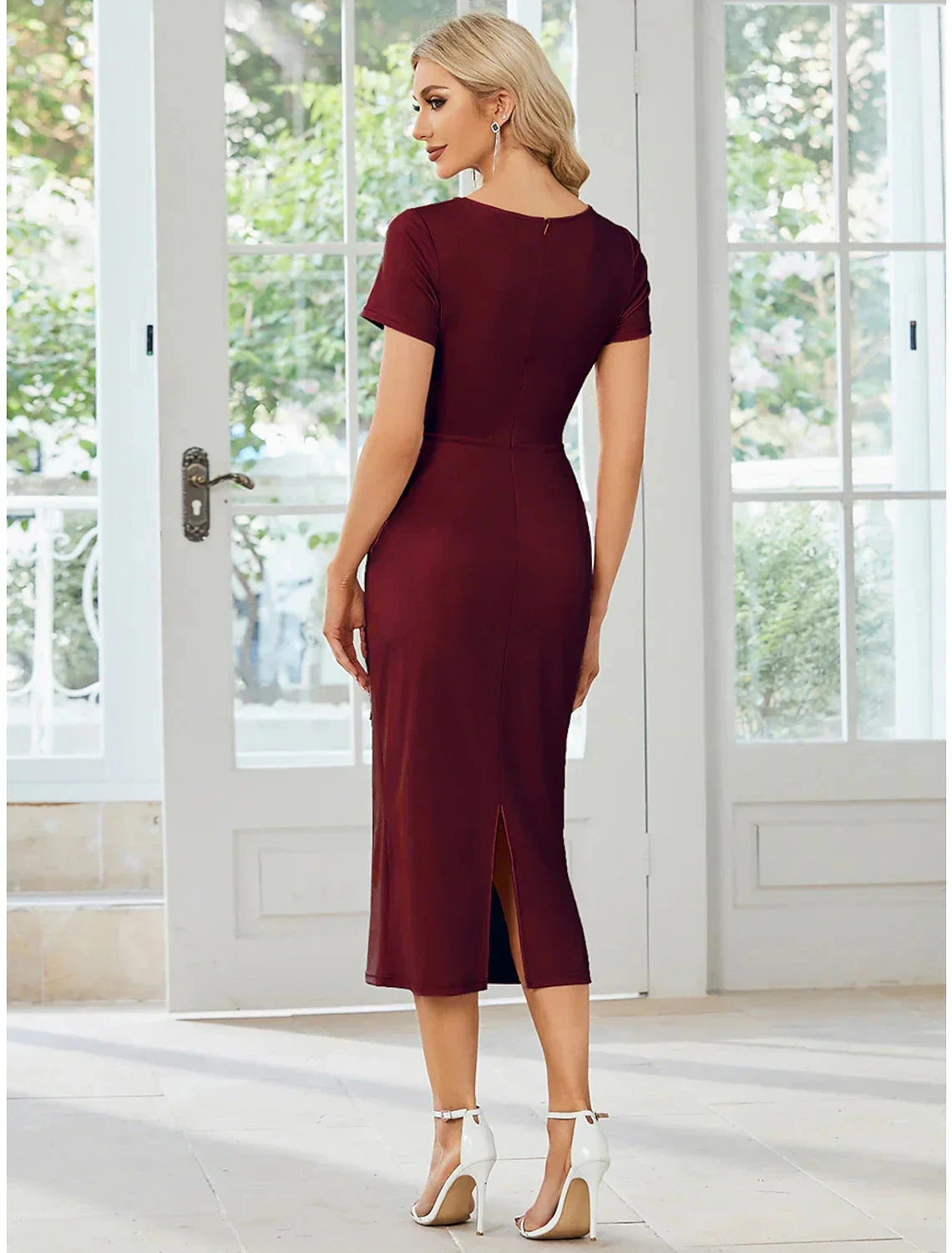 Sheath / Column Wedding Guest Dresses Minimalist Dress Party Wear Tea Length Short Sleeve V Neck Fabric with Slit Strappy by YiHuiw