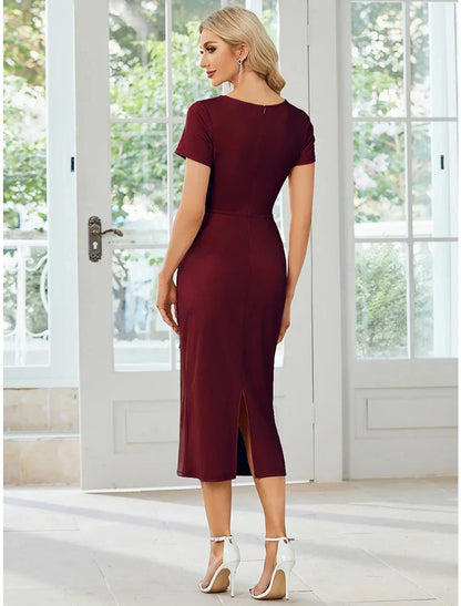 Sheath / Column Wedding Guest Dresses Minimalist Dress Party Wear Tea Length Short Sleeve V Neck Fabric with Slit Strappy by YiHuiw