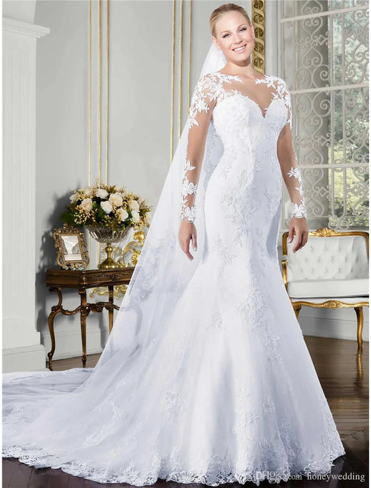 Engagement Formal Fall Wedding Dresses Mermaid / Trumpet Illusion Neck Long Sleeve Court Train Lace Bridal Gowns With Summer Wedding Party Women‘s Clothing by YiHuiw