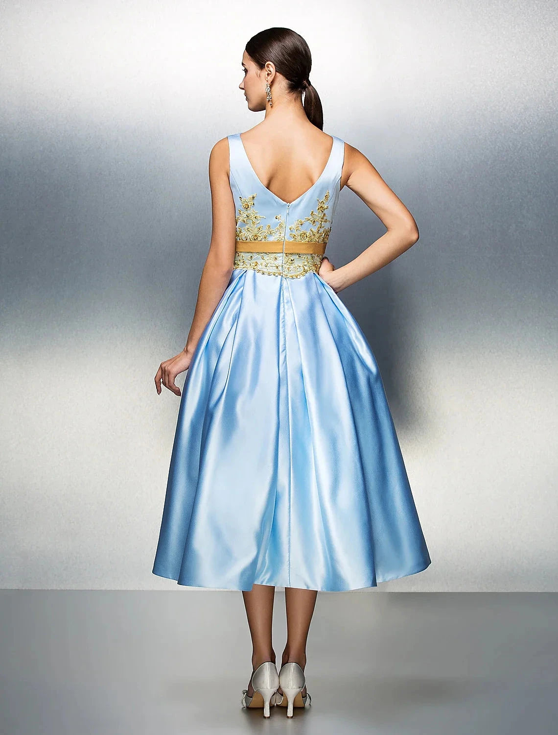 A-Line Cocktail Dresses Party Dress Wedding Guest Prom Tea Length Sleeveless Jewel Neck Satin V Back with Pleats Appliques by YiHuiw