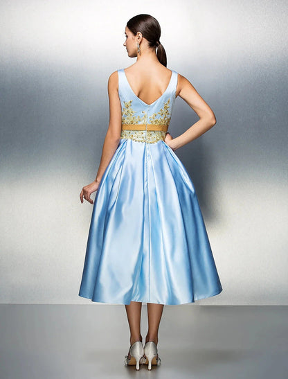 A-Line Cocktail Dresses Party Dress Wedding Guest Prom Tea Length Sleeveless Jewel Neck Satin V Back with Pleats Appliques by YiHuiw