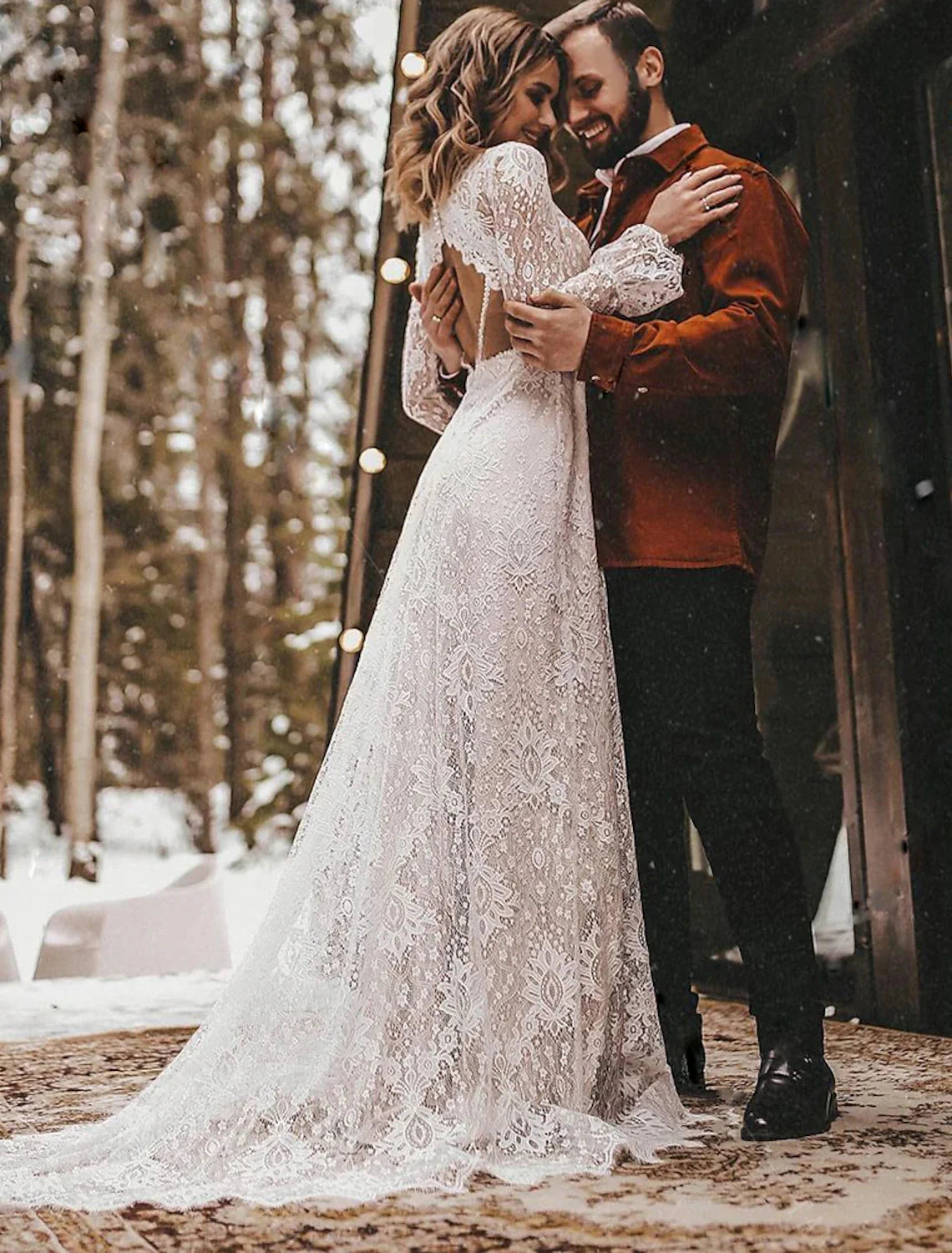 Beach Open Back Boho Wedding Dresses A-Line V Neck Long Sleeve Court Train Lace Bridal Gowns With Solid Color by YiHuiw