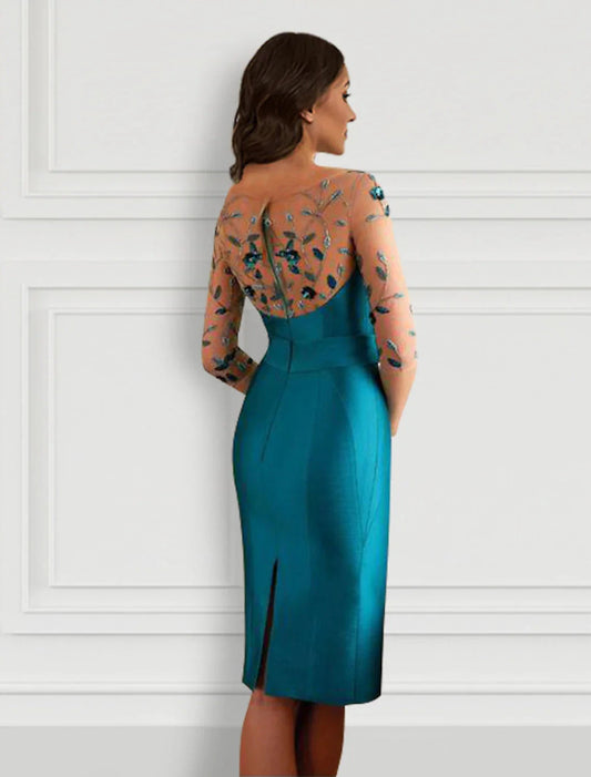 Sheath / Column Cocktail Dresses Open Back Dress Formal Knee Length Half Sleeve Jewel Neck Satin with Bow(s) Slit Appliques by YiHuiw