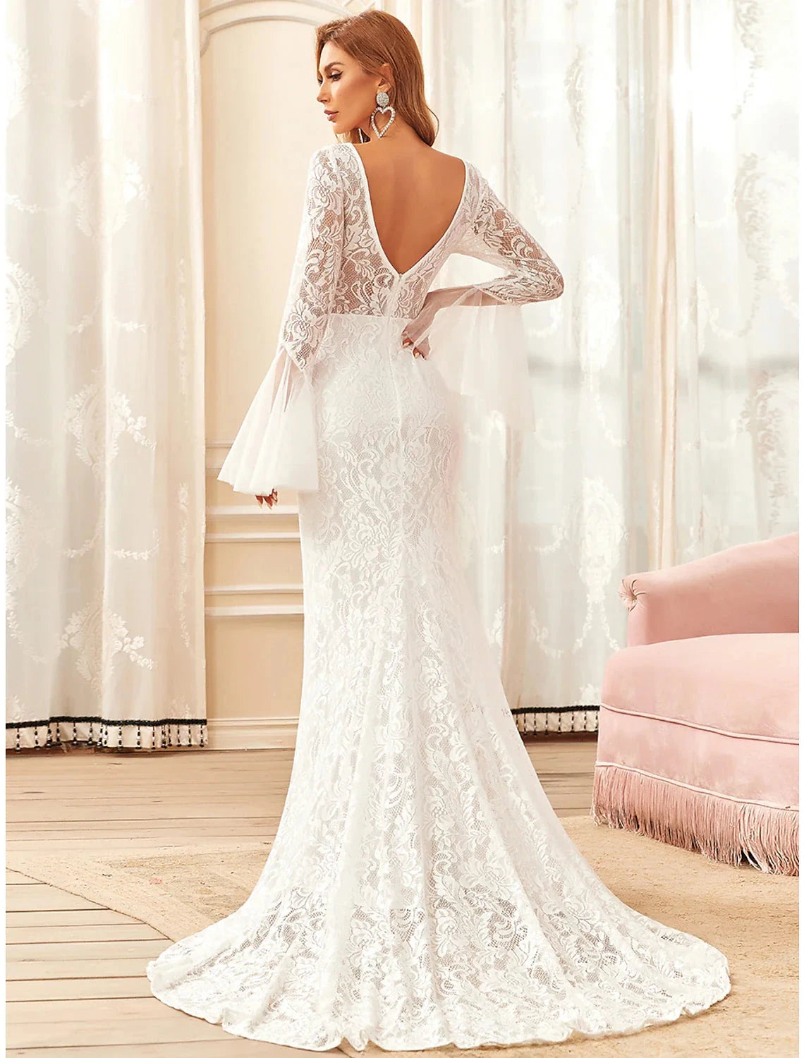 Reception Boho Wedding Dresses Mermaid / Trumpet Illusion Neck Long Sleeve Sweep / Brush Train Lace Bridal Gowns With Lace Summer Wedding Party Women's Clothing by YiHuiw