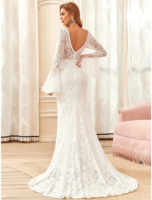 Reception Boho Wedding Dresses Mermaid / Trumpet Illusion Neck Long Sleeve Sweep / Brush Train Lace Bridal Gowns With Lace Summer Wedding Party Women's Clothing by YiHuiw